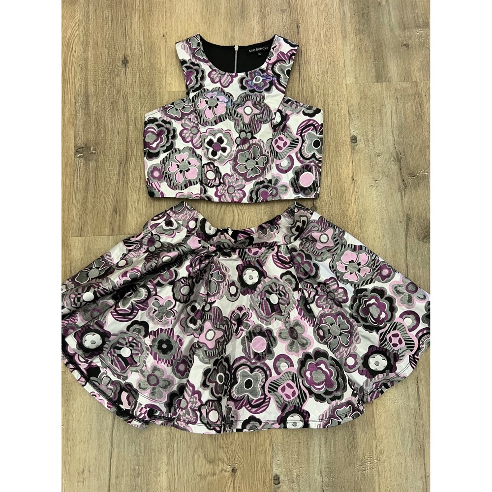 Miss Behave Tween XL Purple Floral Brocade Crop Top and Skirt Set